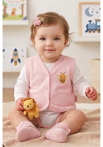 Bambık Nayinom Arı Nakışlı Penye Bebek Yeleği 0-12 Ay Pembe Pembe
