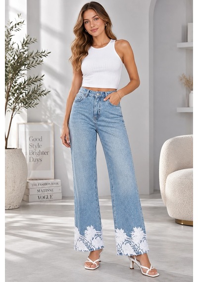 Mevese Kadın Taş İşlemeli Dantel Paça Denim Pantolon - Mavi