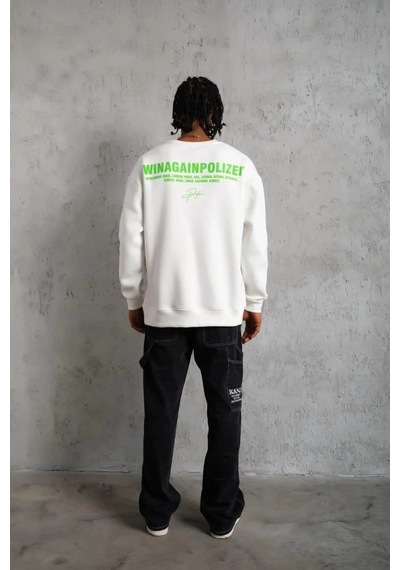 Barlashive Erkek Oversize Sweatshirt Ön Ve Sırt Baskılı 3 İplik Pamuklu - Beyaz Çok Renkli