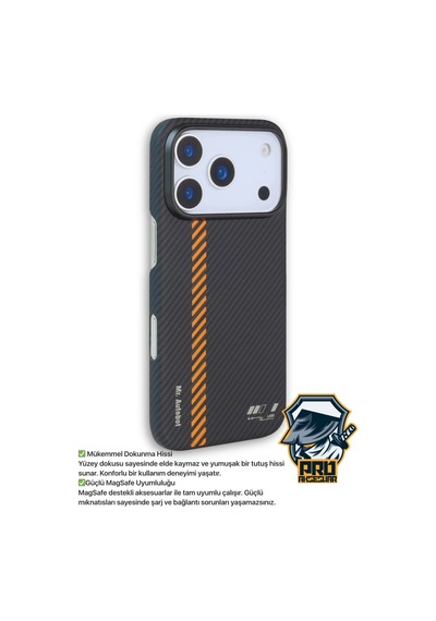 Apple Uyumlu iPhone 17 Pro Max Kılıf M-safe Şarj 600d Güçlü Kamera Çerçeveli Pure Kevlar Fiber Turuncu-siyah Hafi