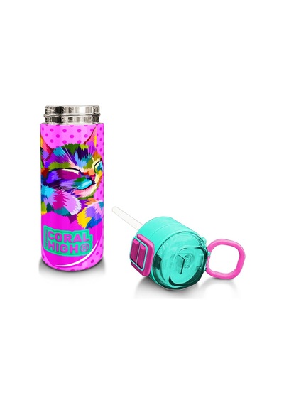 Coral High Kids Pembe Mavi Kedi Desenli Pipetli Ve Direkt İçim Çelik Termos 500 Ml 31842 Pembe - Açık Yeşil