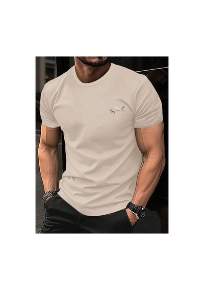 Caddemia Yaz Moda Rahat Gevşek Spor Moda Köpekbalığı Deseni Baskılı Yuvarlak Boyun Kı Bej 2XL