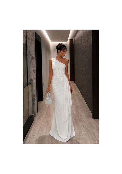 Lior Design Kadın Sade Tek Omuz Kemerli Maxi Abiye Elbise Beyaz
