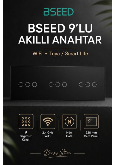Bseed Siyah 9 Tuş Wifi Akıllı Dokunmatik Anahtar Tuya Smart Life, Nötr Hatlı