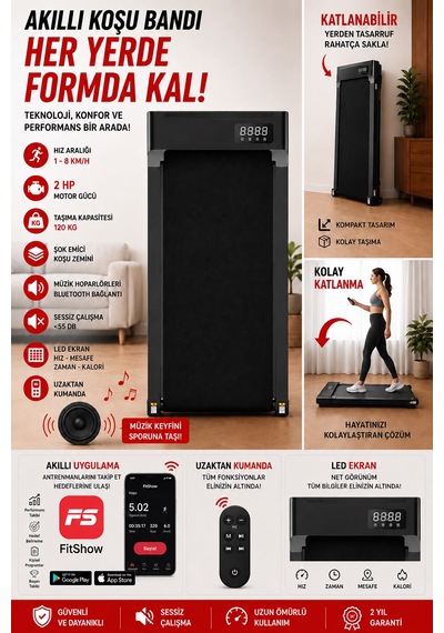 Akıllı Koşu Ve Yürüyüş Bandı Hoparlörlü, Katlanabilir, Lcd Ekran, Fitshow Uyumlu