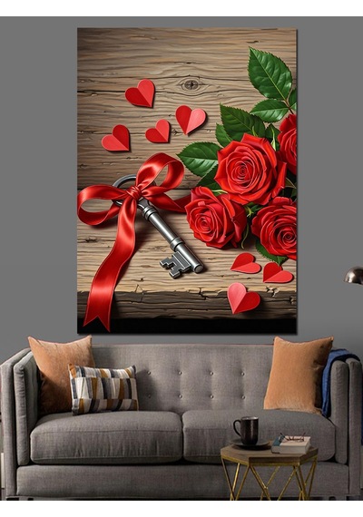 Kırmızı Güller Romantik Anahtar Dekoratif Kanvas - Mdf Ahşap Tablo