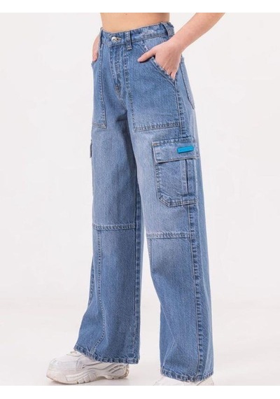 Zekids Kız Çocuk Denim Kargo Bol Paça Pantolon-13788-mavi Mavi