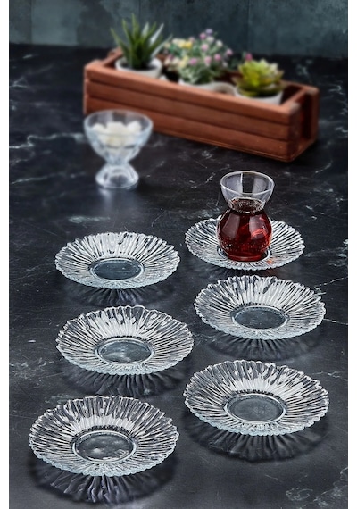 6 Lı Trend Özel Tasarım Kristal Cam Çay Tabağı Kase