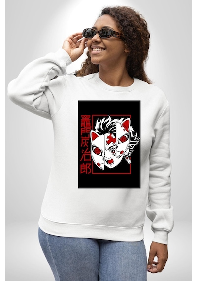 Anime İblis Avcısı Kimetsu No Yaiba Maske Unisex Beyaz Sweatshirt Beyaz