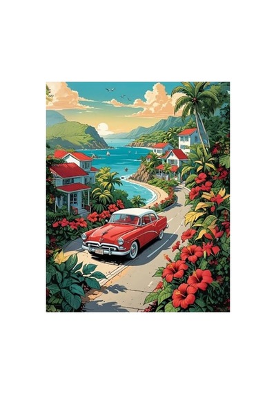 Tropikal Araba Temalı 40x50 Cm Sayılarla Boyama Seti, Fırça Ve Boya İçerir