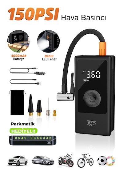 7go 7a3 Hava Pompası & Powerbank 150 Psı Ultra Basınç, Led Işıklı, Lcd Ekranlı, 4000mah Taşınabili