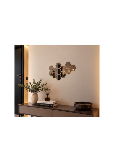 Kendinden Yapışkanlı Altıgen Dekoratif Duvar Aynası 1 Mm Kalınlık Petek Model Modern Salon, Antre Ve Yatak Odası Aynası Bronz