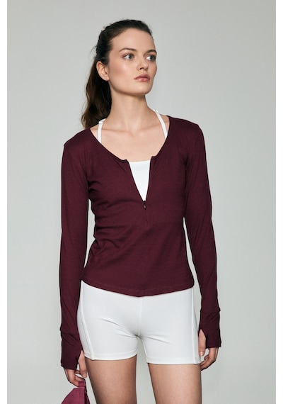 Grımelange Polunea Kadın V Yakalı Önü Fermuar Kapamalı Vücuda Oturan Slim Fit Bordo Bluz bordo