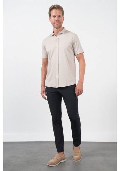 İmza Bej İtalyan Yaka Kısa Kol Cepsiz Slim Fit Pamuklu Gömlek 1004260158 Koyu Bej