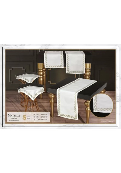 Krem-gümüş Matilda Model 5 Parça Keten Masa Örtüsü Runner Seti Salon Takımı