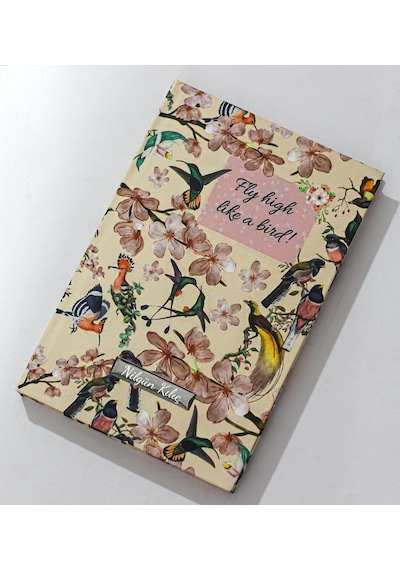 Kişiye Özel Kuş Motifli Defter & 2'li Bambu Altlıklı Beyaz Türk Kahve Fincanı Hediye Seti