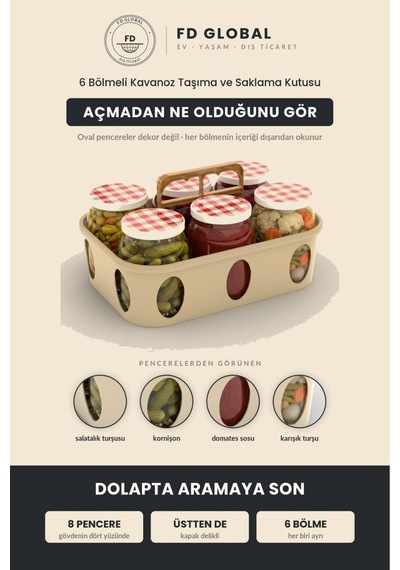 6 Bölmeli Kavanoz Taşıma Ve Saklama Kutusu Kulplu Mutfak Organizeri, Turşu Reçel Konserve Kavanozu Düzenleyici, İstiflenebilir Kiler Ve Dolap İçi Kasa Bej Bej