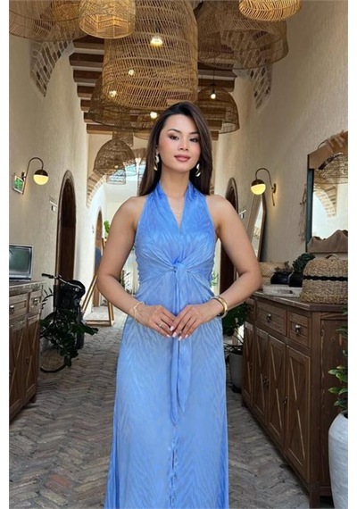 Neşeli Butik Kadın Mavi Saten Kumaş Halter Yaka Düğüm Detaylı Tam Boy Elbise Nbmy4116