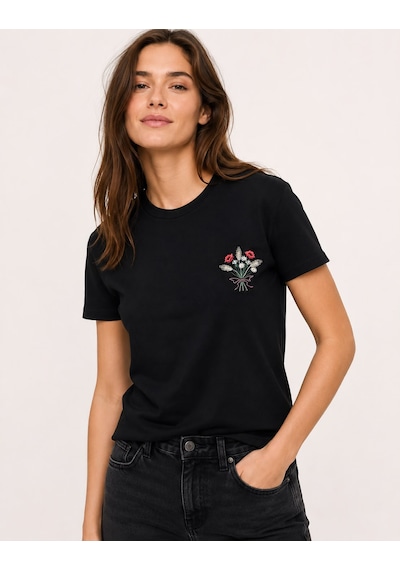 Yubistitch Tshirt Nakış İşlemeli Demet Çiçek- Penye-siyah