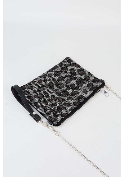 Vivaq Kadın Leopar Gümüş Taşlı Süet Bilek Askılı Ve Zincir Askılı Portföy El Ve Clutch Çanta SİYAH
