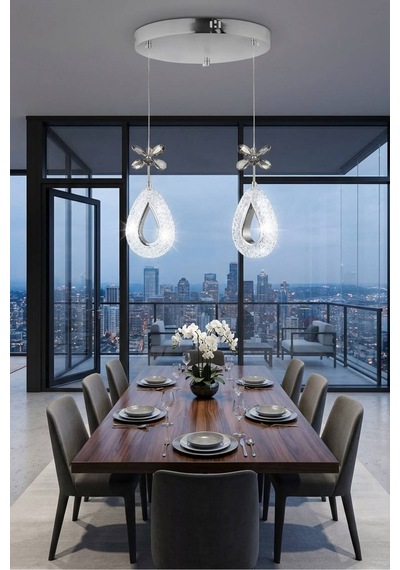 LumiaLighting Damla Model 2'li Gümüş Kumandalı 3 Renk Modu Ledli Kristal Taşlı Modern Salon Mutfak Oturma Odası Led Avize Metalik