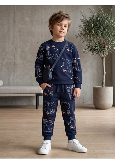 Zekids Erkek Çocuk Yumuşak Dokulu Baskılı Eşofman Takımı-17597 Lacivert