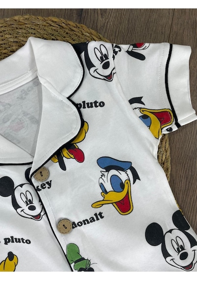 Kruvaze Yaka Önden Düğmeli Rahat Kalıp Yazlık Erkek Bebek Pijama Takımı %100 Pamuk 4bb2 Beyaz
