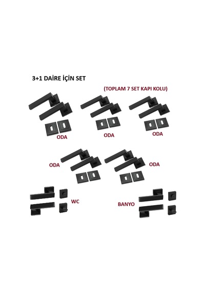 Lama Kare Rozetli Kapı Kolu 7'li Set 3+1 Daire Için Geçerli Siyah