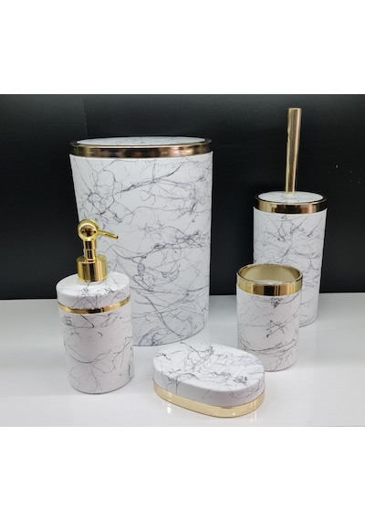 Akrilik Gold Siyah Mermer Desen Yuvarlak Banyo Seti Beyaz