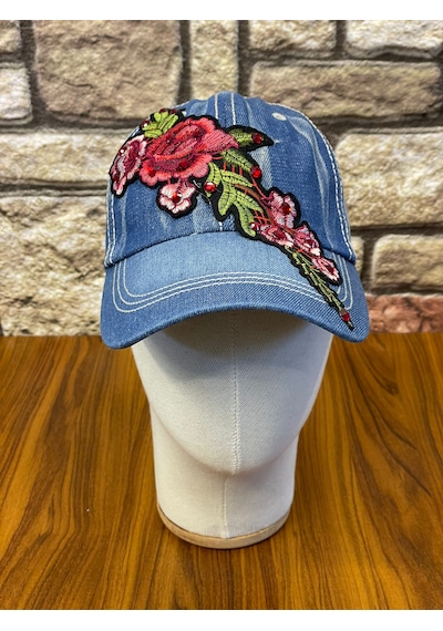 Hamze Jean Kot Denim İndigo Kumaş Taşlı Gül Desenli Beyzbol Cap Şapka Açık İndigo