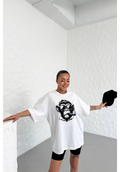 Technomonkey Unisex Beyaz Oversize Techno Maymun Baskılı Tişört