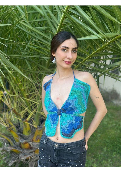 Gönülden Tasarım El Örgüsü Kelebek Büstiyer Crop Standart Beden Mavi