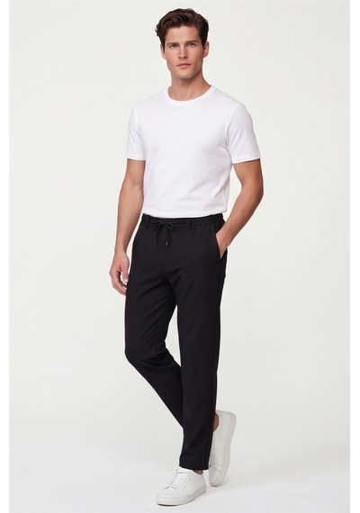 Sabri Özel Erkek Siyah Normal Kesim Regular Fit Pamuklu Armürlü Bel Lastikli Jogger Pantolon