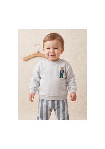 Çıtırkids Erkek Bebek Ayıcık Nakışlı Çizgili İki İplik Pamuklu Sweatshirt Alt Üst Takım Gri
