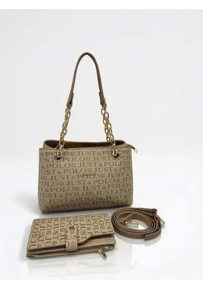 Just Polo Özel Günlere Uygun Baskılı Şık Omuz Çantası Ve Cüzdanı Kombin Shopper Vizon