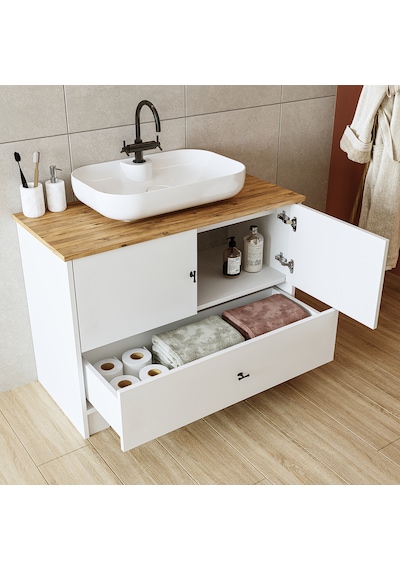 Oval Lavabolu Ayaklı 2 Kapaklı Çekmeceli Mdf 100 Cm Banyo Aria Atlantik Çam - Beyaz Oval Lavabolu Ayaklı 2 Kapaklı Çekmeceli Mdf 100 Cm Banyo Aria Atlantik Çam - Beyaz