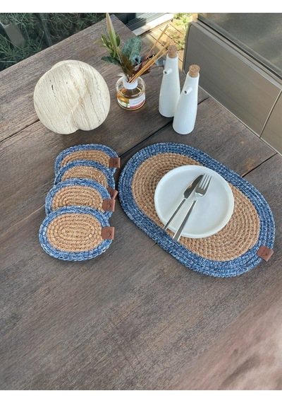 4 Adet Oval Bardak Altlığı- Leke Tutmaz- Naturel-mavi 13x17 Cm Naturel