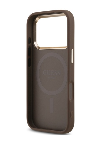Apple Uyumlu iPhone 17 Pro Kılıf Guess Lisanslı M-safeli Gold Kamera Çerçeveli Taşlı Üçgen Logo 4g Desenli Kahve Kahverengi