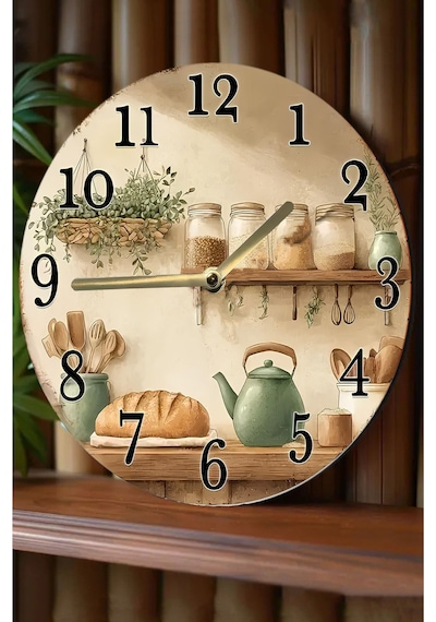 Nostaljik Raflı Mutfak Temalı Mdf Saat Çift Katmanlı 33 Cm Country Tarz Dekor Sdw356 Renkli