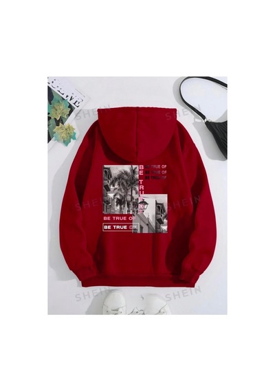 Medinenur Be True Arka Baskılı Kapüşonlu Cepli Sweatshirt Kırmızı