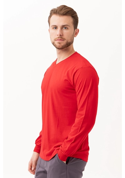 Padus V Yaka Uzun Kollu T-shirt - Rahat Kesim, İş Ve Günlük Kullanım Kırmızı