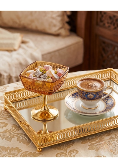 Hürrem Gold Ayaklı Kehribar Cam Lokumluk & Sunumluk Sarı