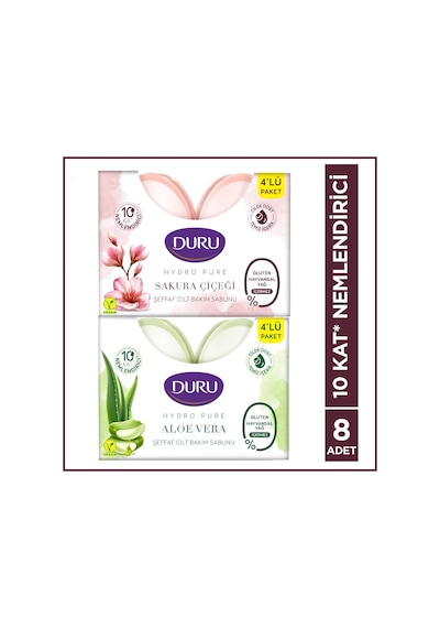 Duru Hydro Pure Aloe Vera & Sakura + Aloe Vera Şeffaf Cilt Bakım Sabunu 8 x 135 G