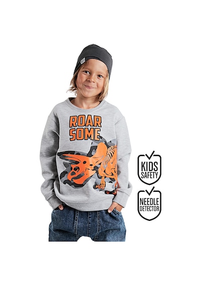 Erkek Çocuk Kışlık Dinozor Desenli Gri Uzun Kollu Sweatshirt 4-9 Yaş