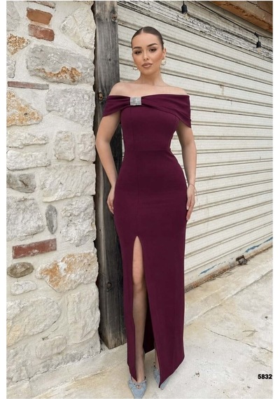Lior Design Kadın Şık Detay Straplez Taş Detaylı Yırtmaçlı Abiye Elbise Açık Mor