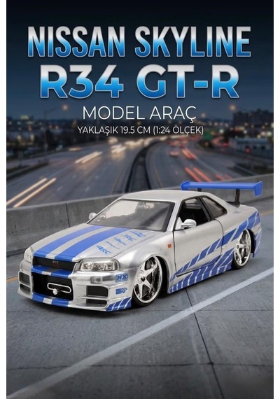 Hobbiez Lisanslı Nissan Skyline R-34 Model Diecast Car 1/24 Ölçek Metal Standlı Araç