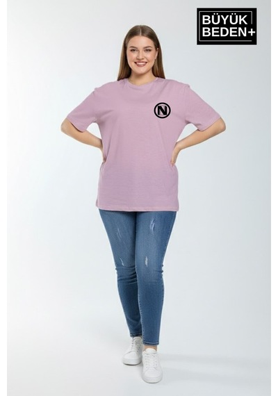 Superlife Kadın Büyük Beden N Baskılı 3xl-6xl Bisiklet Yaka Tshırt Spr26btsk510-19 Lila