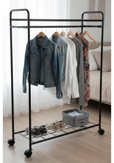 Metaliz Concept Tekerli Modern Metal Elbise Askılığı - Katlı Raflı Portatif Giysi Standı, Siyah