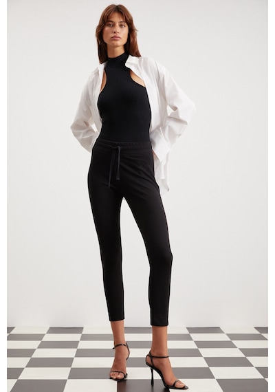 Grimelange Judy Kadın Slim Fit Beli Lastikli Bağlamalı Basic Siyah Tayt