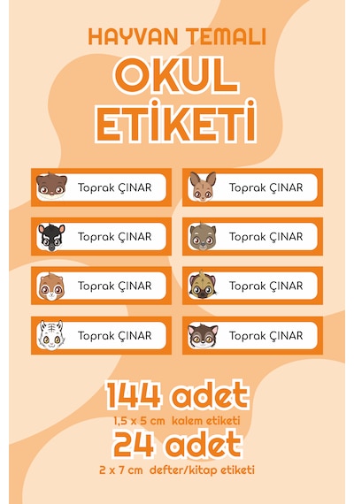 Hayvan Temalı Isimli Okul Etiketi Defter Kitap Kalem Sticker Seti